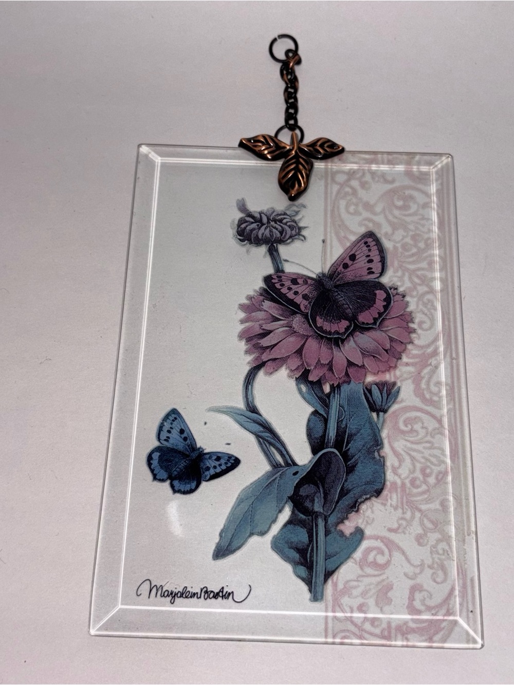 Glass Panel Flower Butterfly Design Wall Hanging by Marjolein Bastin 4”x6”